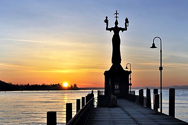 The harbor pier at Constance harbor port entrance and the tide gauge with the Imperia Statue on it, the town's landmark, district of Konstanz, Constance, Baden-Wuerttemberg, Germany, Europe