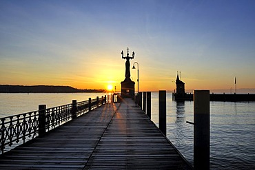 The harbor pier at Constance harbor port entrance and the tide gauge with the Imperia Statue on it, the town's landmark, district of Konstanz, Constance, Baden-Wuerttemberg, Germany, Europe