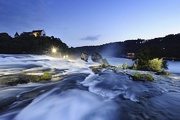 Look from the upper part on the Rheinfall waterfalls with Schloss Laufen castle, Canton Schaffhausen, Switzerland, Europe