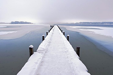 Landing stage at the Woerthsee Lake in winter, Bavaria, Germany, Europe