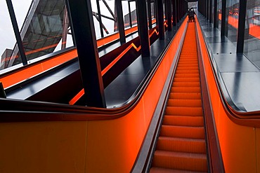 Illuminated escalator leading to visitor's level of the Ruhr Museum, colliery Zeche Zollverein, UNESCO World Cultural Heritage, Essen, North Rhine-Westphalia, Germany, Europe