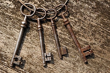 Old barn door keys on a wooden board