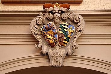 Alliance crest of Baden and Saxony-Lauenburg on a building, Baden-Baden, Baden-Wuerttemberg, Germany, Europe