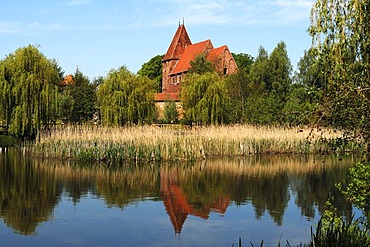 Pond with Benedictine monastery, 13th century, Rhena, Mecklenburg-Western Pomerania, Germany, Europe