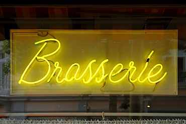 Brasserie, yellow neon sign, Rue de L'Enceinte, Colmar, Alsace, France, Europe