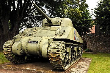 French tank memorial, Renard from World War II, 1944, in front of the city wall, Route du Vin, Kientzheim, Alsace, France, Europe