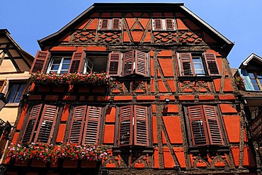 Old Alsatian half-timbered facade, 78 Grand'Rue, Ribeauville, Alsace, France, Europe