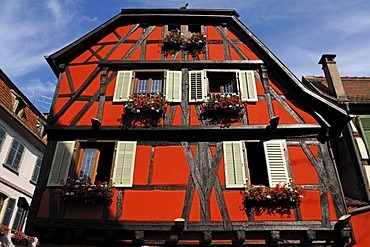 Old Alsatian half-timbered facade, 1 Rue de Juifs, Ribeauville, Alsace, France, Europe