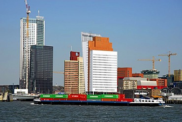 Container Transport on the Nieuwe Maas River, modern architecture at the Wilhelminapier at back, Rotterdam, Zuid-Holland, South-Holland, Netherlands, Europe