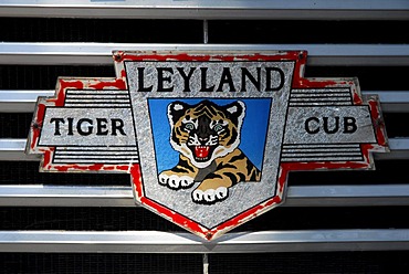 Detail, sign on the radiator grill of an old Leyland bus, bus station, Victoria or Rabat, Island of Gozo, Malta, Mediterranean, Europe