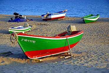 Beach of the Atlantic Ocean, boats on the beach , fishing village La Antilla, Lepe, Costa de la Luz, Huelva, Andalusia, Andalucia, Spain, Europe