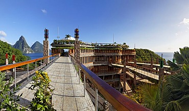 Bridge to restaurant, Pitons mountains, Jade Mountain luxury hotel, Saint Lucia, Windward Islands, Lesser Antilles, Caribbean, Caribbean Sea