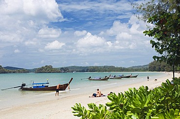 Long-tail boats on the beach, Nopparat Thara Beach, Krabi, Thailand, Southeast Asia, Asia