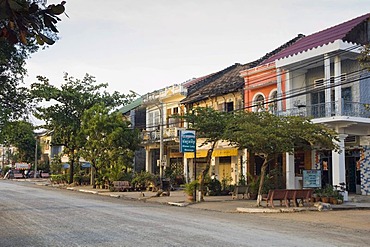 Old colonial row of houses, Kampot, Cambodia, Indochina, Southeast Asia