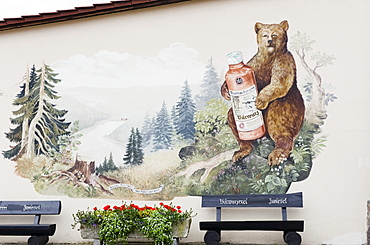 Mural, Baerwurz, herbal liqueur, Zwiesel, Bavarian Forest National Park, Lower Bavaria, Germany, Europe