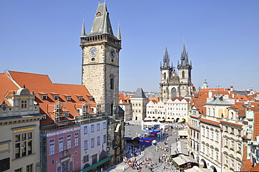 Old Town Hall, Tyn Church, Hotel U Prince terrace, Old Town Square in Prague, Old Town, Czech Republic, Europe