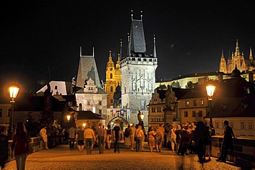 Night shot, tower, Charles Bridge, Old Town, Prague, Czech Republic, Europe