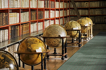 Globes and very old books, library, hall of theology, Strahov Monastery, Hrad&any, Castle District, Prague, Czech Republic, Europe