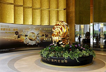 Golden Lion at the entrance to the MGM in Macao, China, Asia