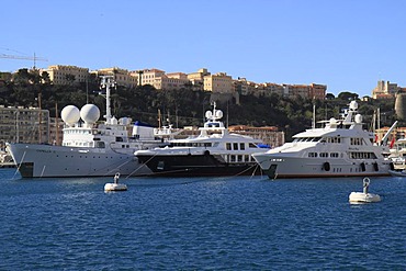 Motoryachts Capella C, Oxygen, and Milk and Honey in the Port Hercule, Monaco, Cote d'Azur, Mediterranean, Europe