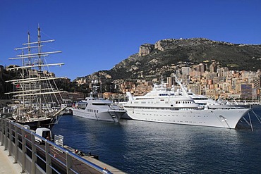 Windjammer Tenacious, motoryachts Skat, Atlantis II and Lady Moura at Port Hercule, Monaco, Cote d'Azur, Mediterranean, Europe