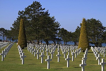 Graves at the Normandy American Cemetery and Memorial above Omaha Beach, site of the landing of the Allied invasion forces on D-Day 6 June 1944, Second World War, Calvados, Region Basse-Normandie, Normandy, France, Europe