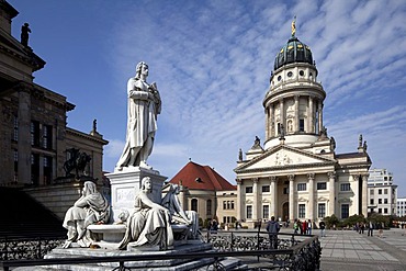 Franzoesischer Dom cathedral and Schillerdenkmal monument on Gendarmenmarkt square, Mitte district, Berlin, Germany, Europe