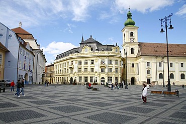 Piata Mare square with Catholic church in Sibiu, Romania, Europe