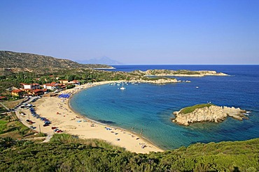 Kalamitsi beach on the Sithonia Peninsula with Mount Athos in the mist, Halkidiki, Macedonia, Greece, Europe