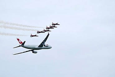 Airbus A 330-300 of the Swiss flying with the Patrouille Suisse, Emmen, Switzerland, Europe