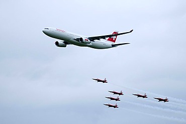 Airbus A 330-300 of the Swiss flying with the Patrouille Suisse, Emmen, Switzerland, Europe