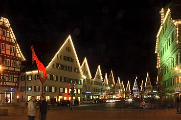 Illuminated facades, long exposure, market square in Biberach, Biberach, Upper Swabia, Baden-Wuerttemberg, Germany, Europe