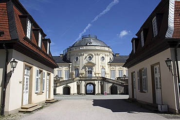 South view, Schloss Solitude Castle framed by Cavalier House, Stuttgart-West, Stuttgart, Swabia, Baden-Wuerttemberg, Germany, Europe