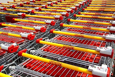 Shopping trolleys of discount food store Netto, Heideck, Bavaria, Germany, Europe