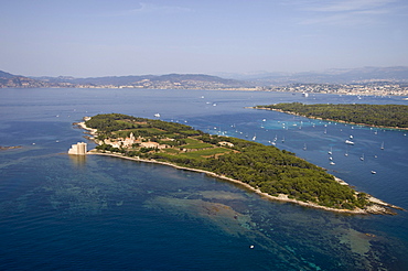 Aerial view, Ile Saint-Honorat, Iles de Lerins, France, Cote d'Azur, Europe