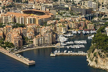 Aerial view, Fontvieille harbour and Louis II Stadium, Monaco, Cote d'Azur, Europe