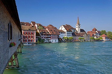 The Rhine River near Diessenhofen with the old Rheinbruecke bridge, historic district and church, Rhine River, Diessenhofen, Switzerland, Europe