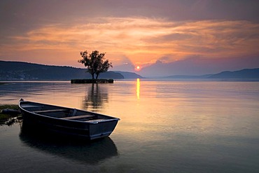 Boat on Lake Constance near Dingelsdorf at sunset, view towards Ueberlinger See lake, Baden-Wuerttemberg, Germany, Europe