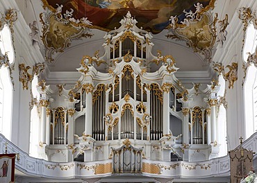 Church organ in Roggenburg Abbey, Neu-Ulm district, Schwaben, Bavaria, southern Germany, Germany, Europe