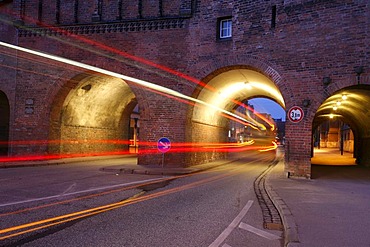 Burgtor, castle gate, in the early morning with bus traffic, Luebeck, Schleswig-Holstein, Germany, Europe