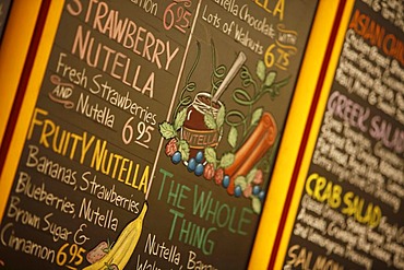 Menu boards, creperie, San Francisco, California, USA