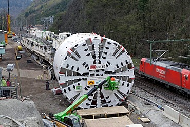 A giant tunnel boring machine of the specialist firm Herrenknecht, length 90 meters, bore diameter more than 10 meters, in front of the construction site of the second tube of the Kaiser Wilhelm Tunnel at the Ediger-Eller district, Rhineland-Palatinate, G