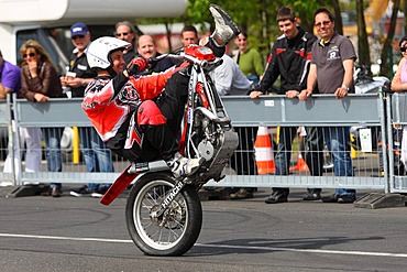 Stuntman Mike Auffenberg driving a trial motorcycle without a front wheel, Koblenz, Rhineland-Palatinate, Germany, Europe