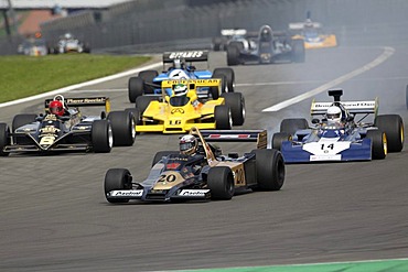 Race of the historic Formula 1 cars, in front Peter Wuensch in the Wolf WR 1, 1977, Oldtimer-Grand-Prix 2010 for vintage cars at the Nurburgring race track, Rhineland-Palatinate, Germany, Europe