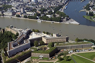 Aerial view, site of the Federal Garden Show, in the front, Ehrenbreitstein Fortress, Koblenz, Rhineland-Palatinate, Germany, Europe