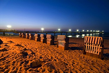 Beach chairs and pier at the Kuehlungsborn Beach, Baltic Sea, Mecklenburg-Western Pomerania, Germany, Europe