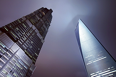 Illuminated Jin Mao Tower and Shanghai World Financial Center at night, SWFC Building, Shanghai, China, Asia