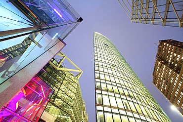 Illuminated Skyscrapers at Potsdamer Platz square, Berlin, Germany, Europe