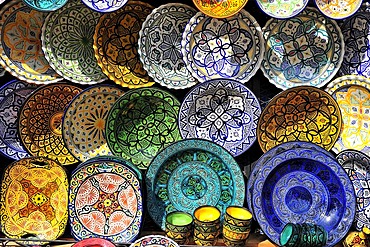 Colorful, painted ceramics plates, with traditional patterns and ornaments, Riff Mountains, Morocco, Africa