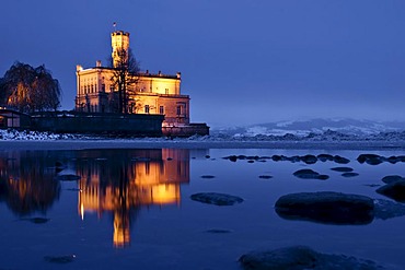 Montfort Castle in Langenargen on Lake Constance in winter at night, Bodenseekreis, Lake Constance district, Baden-Wuerttemberg, Germany, Europe